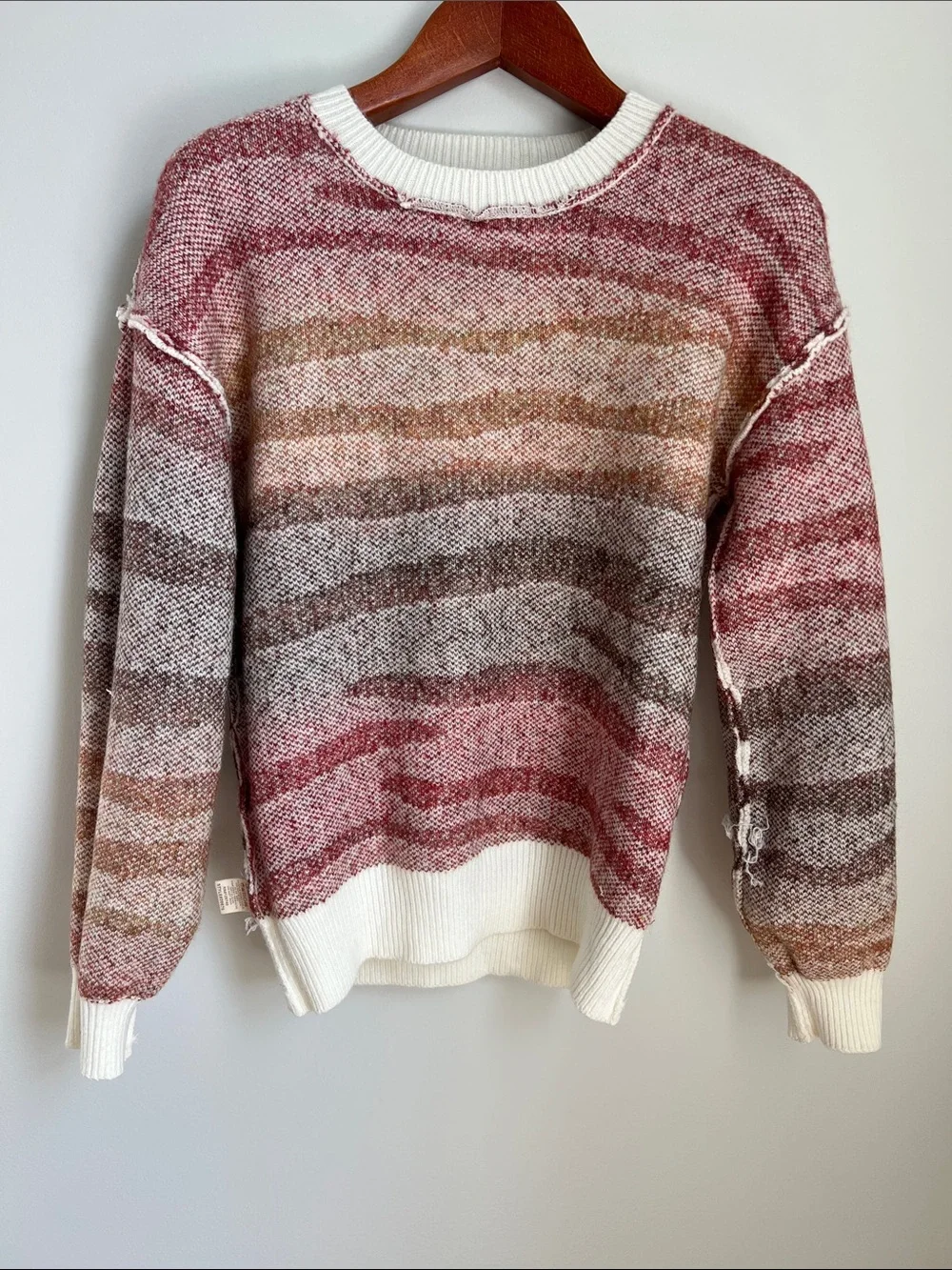 Mystree | Cream Zebra-Stripe Crewneck Cozy Sweater Rust & Brown #120740 Sz S